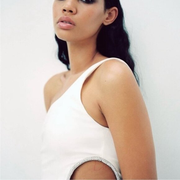 Zara - Ladies One Shoulder Asymmetric Rhinestone Top-White. Size: M. NWT. (1431) - Picture 9 of 14